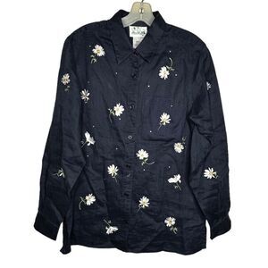 Quacker Factory Navy Embroidered Daisies Blouse